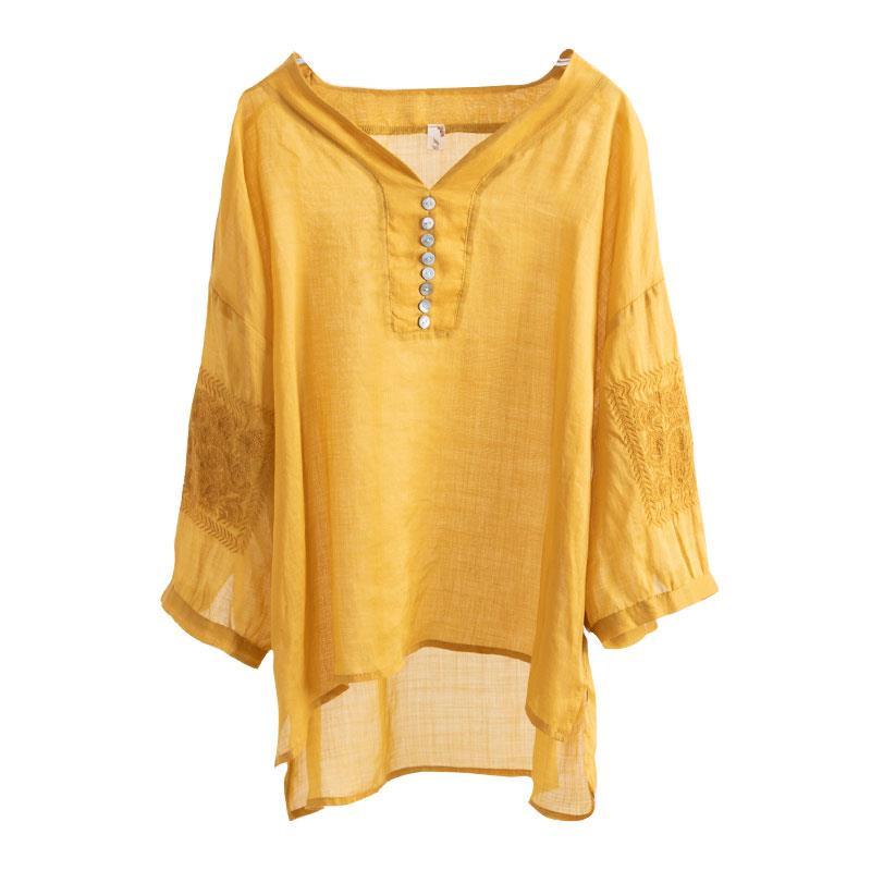 Plus Size Spring Summer Women T-shirt Elegant Blouse V-neck Fashion Vintage Embroidered Cotton Female Tops