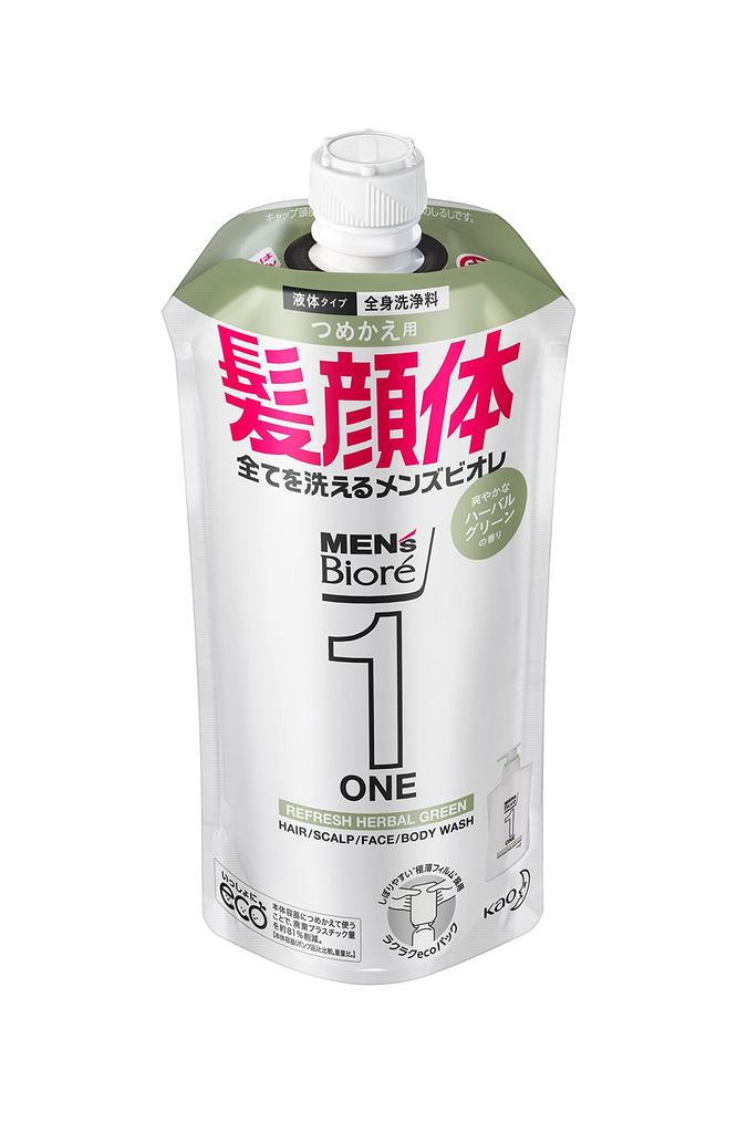 Men's Biore One All-in-One Body Wash, Refreshing Herbal Green Scent, Refill 340ml
