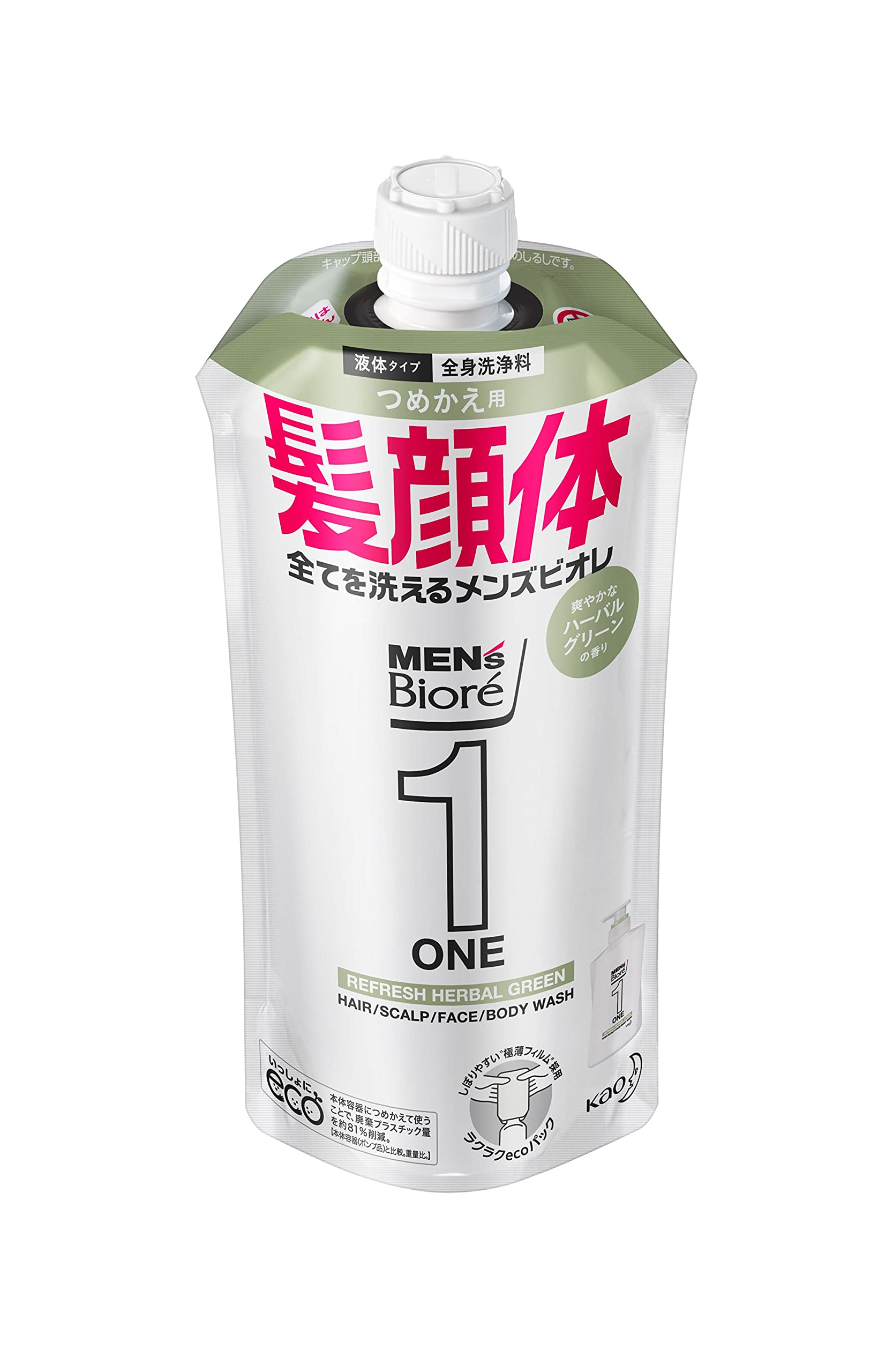 Men s Biore One All-in-One Body Wash, Refreshing Herbal Green Scent, Refill 340ml