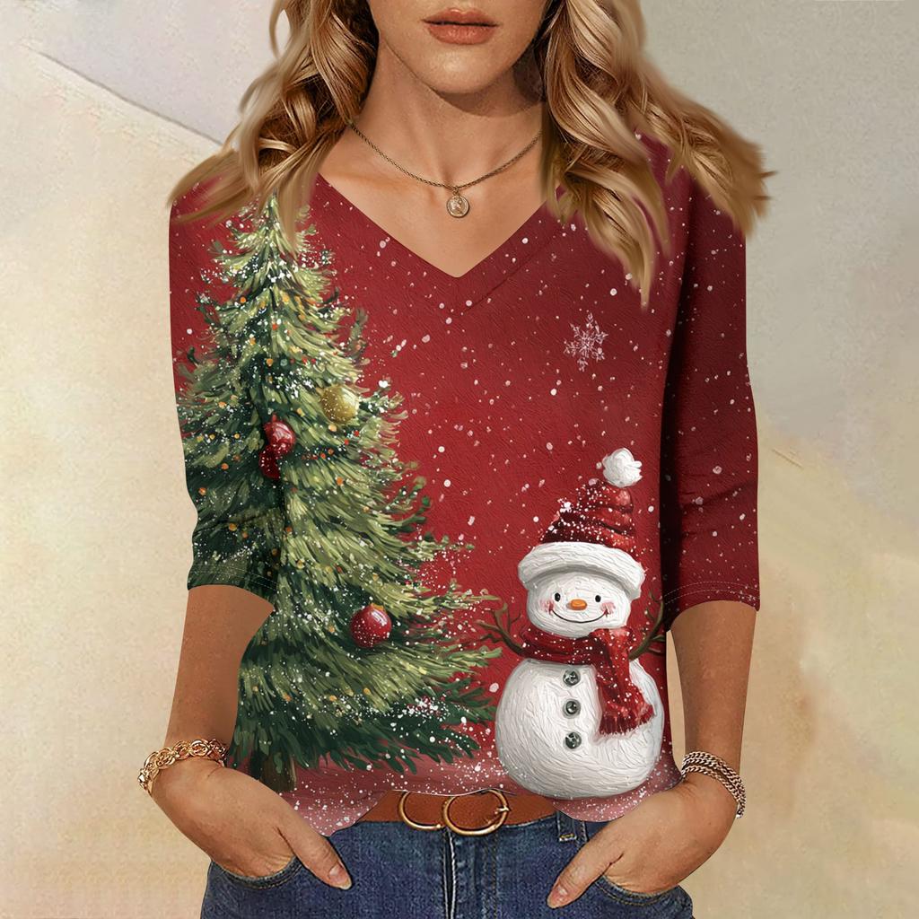 3/4 Sleeve Shirts For Women Print Christmas Tees Blouses Casual Plus Size Basic Tops Pullover