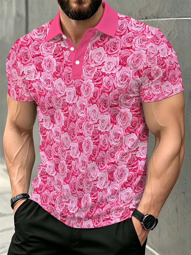 Men's Polo Shirt with All-Over Powder Gradient Blooming Rose Dense Floral Print, Smooth Top for Dates, Beach, and Vacation
