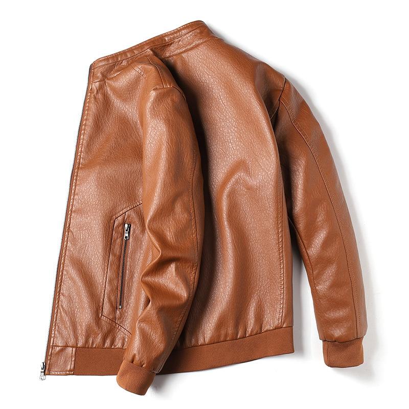 Men's Spring and Autumn New Large Size Stand Collar Single Layer Leather Jacket Men's PU Leather Jacket Casual Jacket Men's Trendy