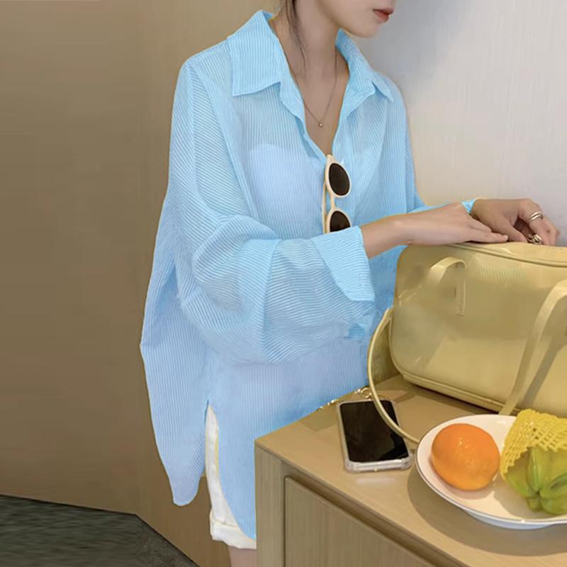 

ZANZEA Женская свободная повседневная однотонная блузка с длинным рукавом и прозрачной накидкой 2XL синий