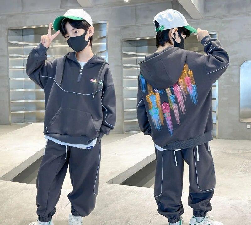 

Комплект одягу для хлопчиків-підлітків. Дитячий світшот для дівчаток. Топ і брюки. Костюм із барвистим зірковим принтом. Спортивний костюм із капюшоном із 2 предметів. 150 чорний