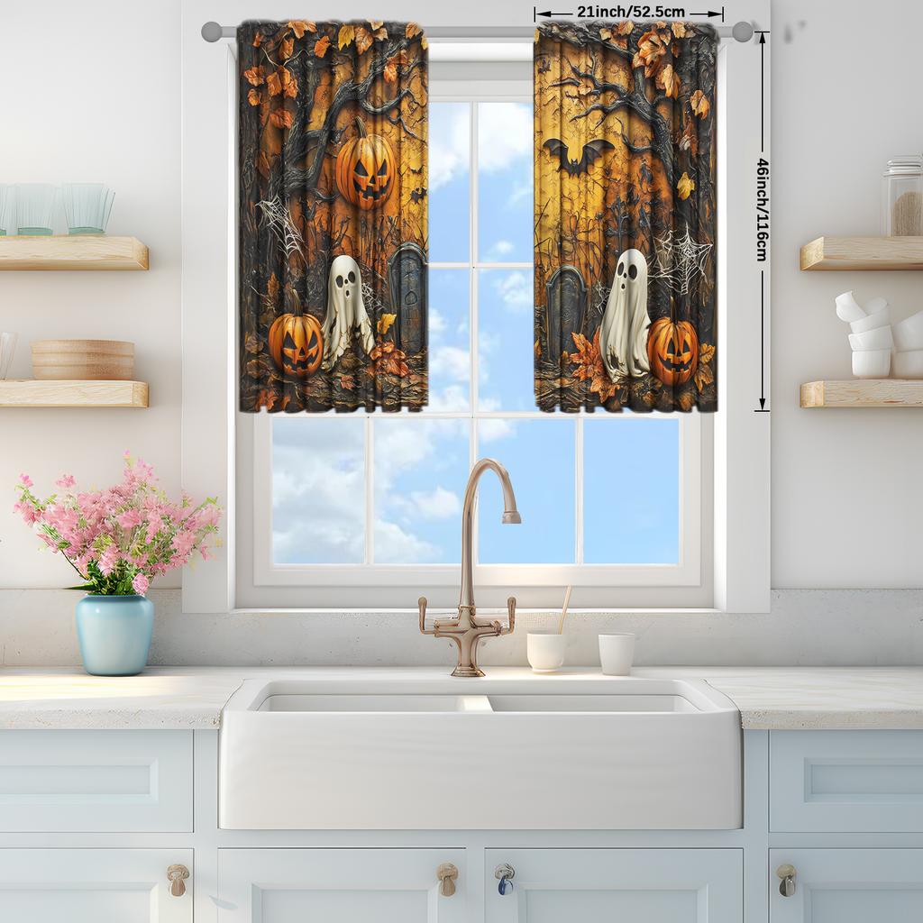 2pcs Pumpkin Cemetery Ghost Printed Curtain for Halloween Home Decor - Rod Pocket Window Treatment for Bedroom, Office, Kitchen