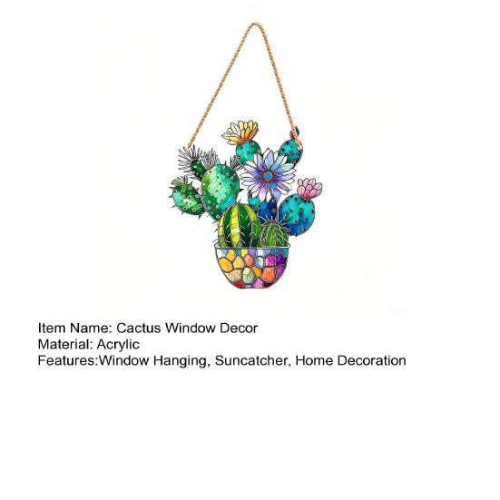 Yousheng Cactus Window Decor, Acrylic with Hemp Rope Lanyard Suncatcher, Lightweight Double Sided Printed Tropical Wall