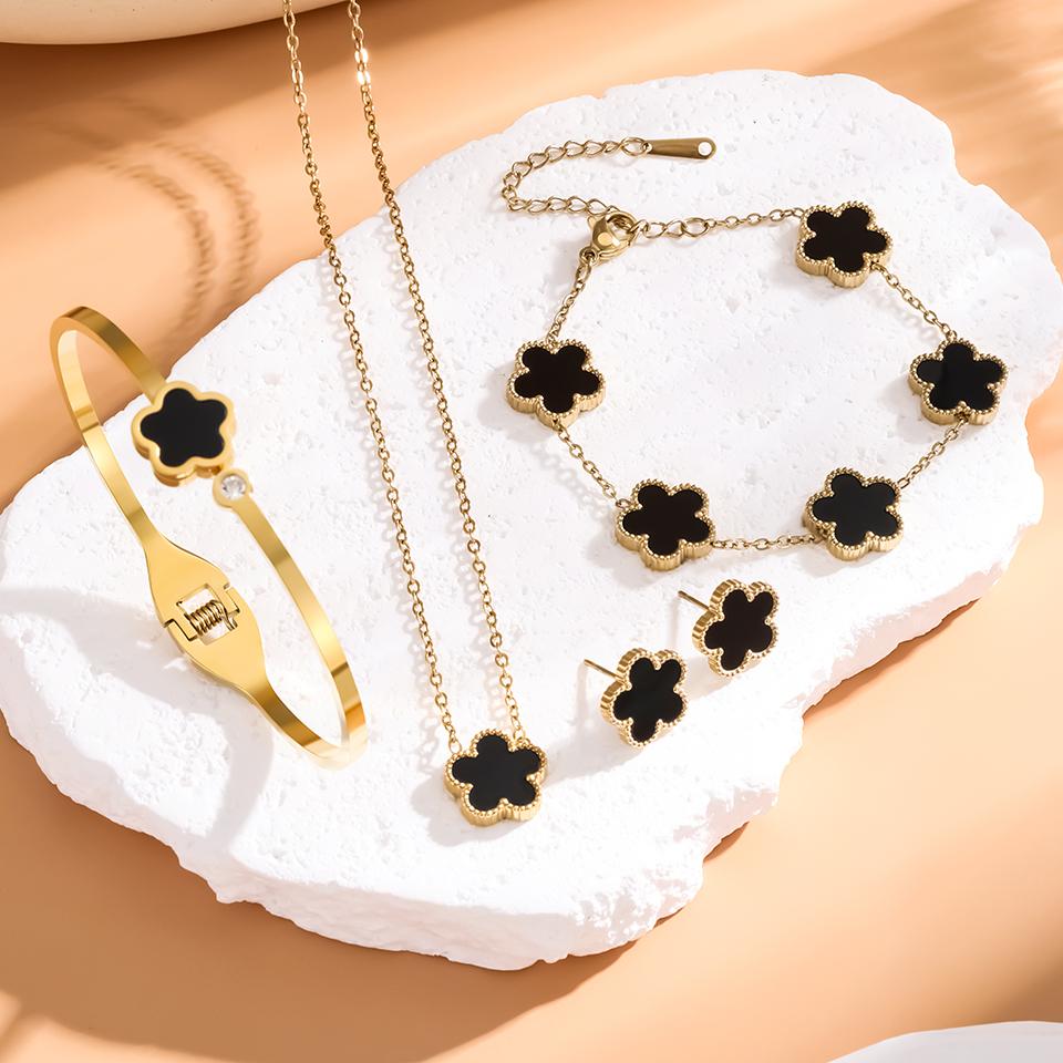 3Pcs Stainless Steel 316L Luxury Plum Blossom Plant Five Leaf Flower Necklace Earrings Bracelet For Women Gift Jewelry Sets