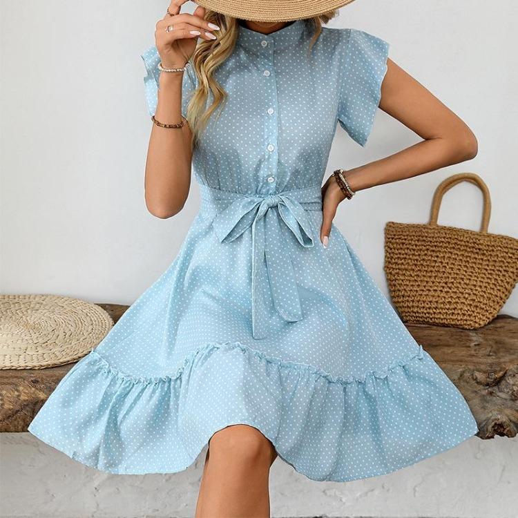 Women Summer Dress High Waist A-Line Lace Up O-Neck Dot Print Short Sleeve Lotus Leaf Midi Dress Sizes S-XL
