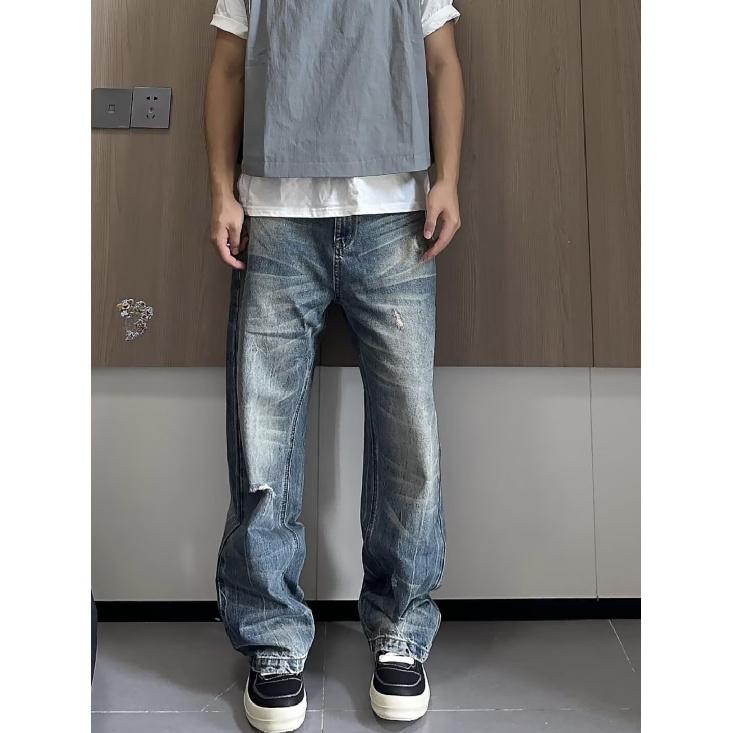 Herbst und Winter Neue amerikanische High Street gewaschene helle Jeans für Männer und Frauen mit geradem Bein, leicht ausgestelltem Bein und weitem Bein