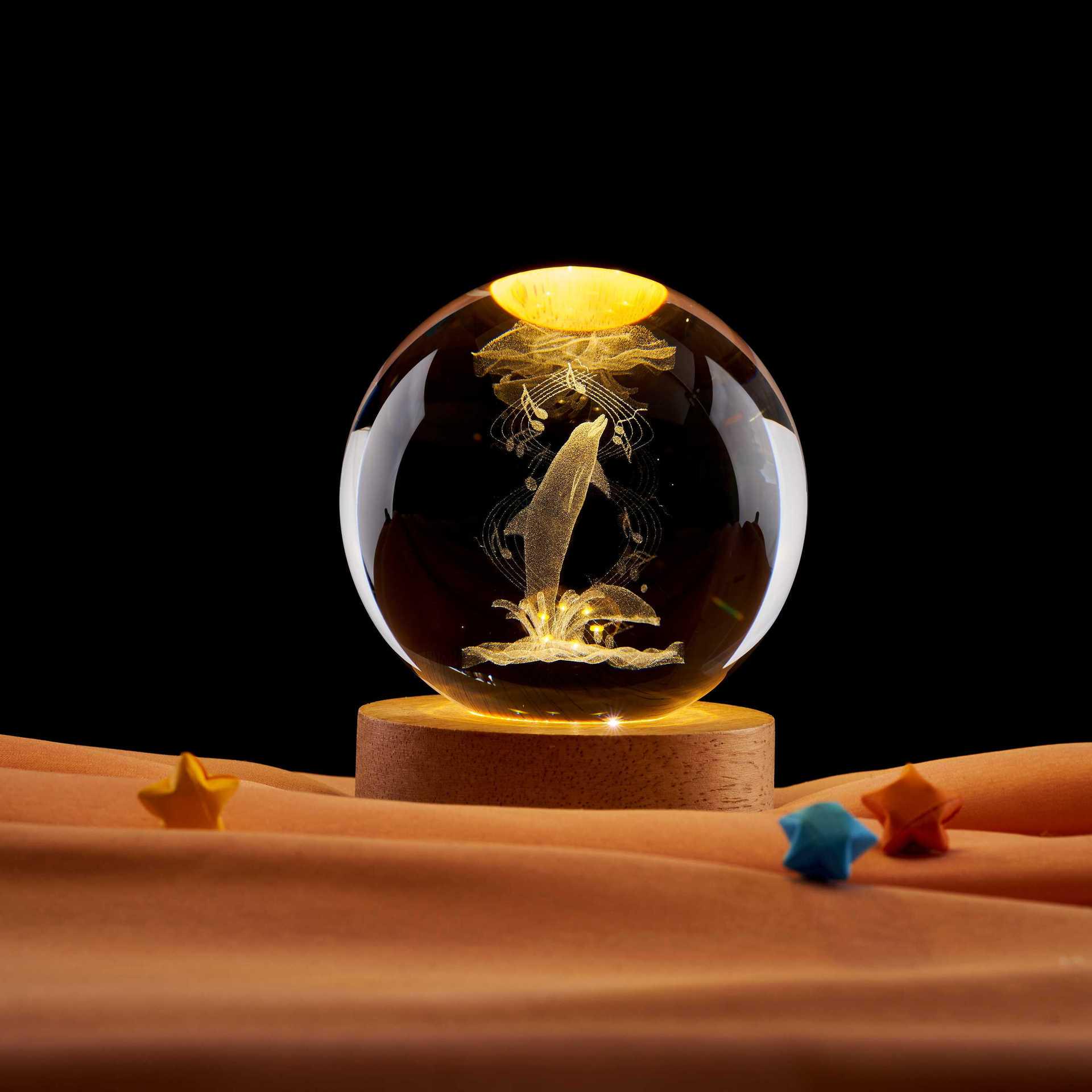 Rechargeable Dolphin Music Box: 3D Laser-Carved Crystal Ball Night Light with Warm Healing Glow