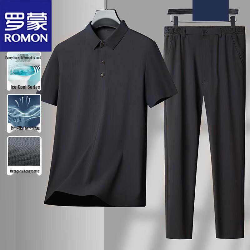 

ROMON Men s Summer Ice Silk Short Sleeve T-shirt & Long Pants Set 4XL