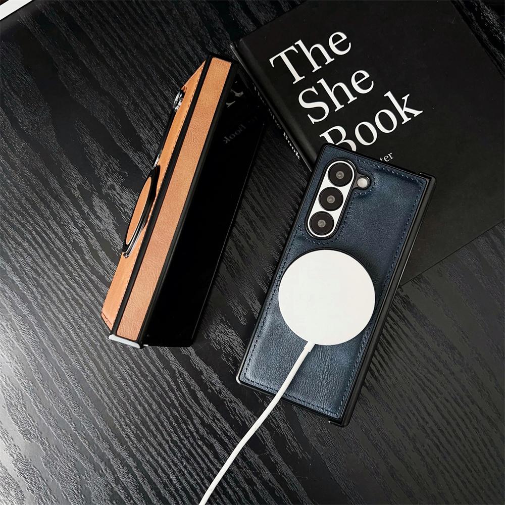 Leather Rotating Bracket Case for Samsung Galaxy Z Fold 6 4 3 ZFold Fold6 Magnetic Stand Holder Shockproof Cover