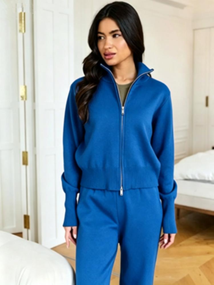 Double-open zipper sweater set, European, American autumn and winter new temperament commuting fashion casual wide-leg pants two-piece set