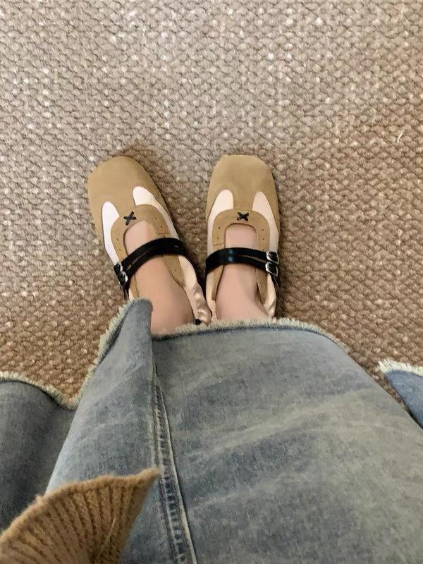 Sheepskin Version~ Retro Niche Color Matching Double-breasted Square Head Flat-bottomed Sports Moral Training Shoes Women's Spring and Autumn Mary Ja