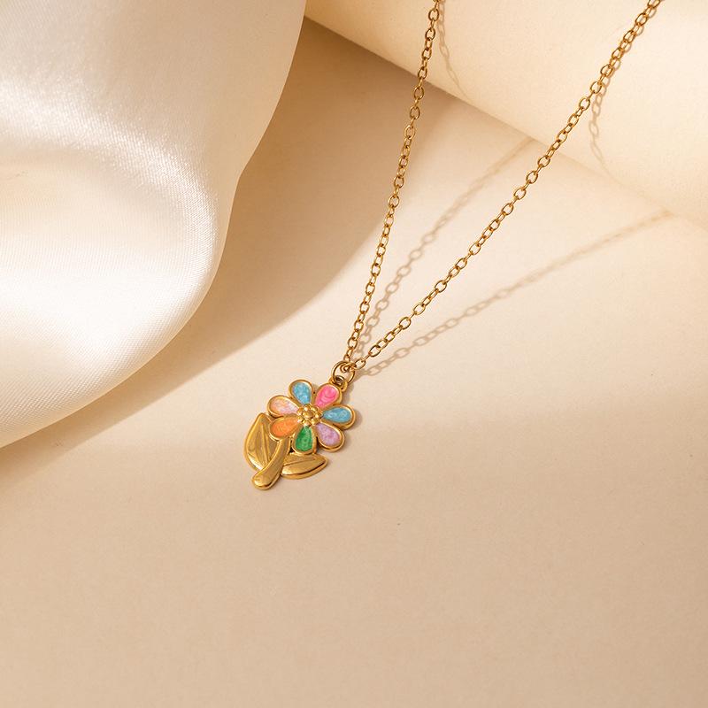 Elegant Titanium Steel Pink Cherry Blossom Necklace with Colorful Drip Glaze Rose Flower, Versatile Women's Clavicle Chain