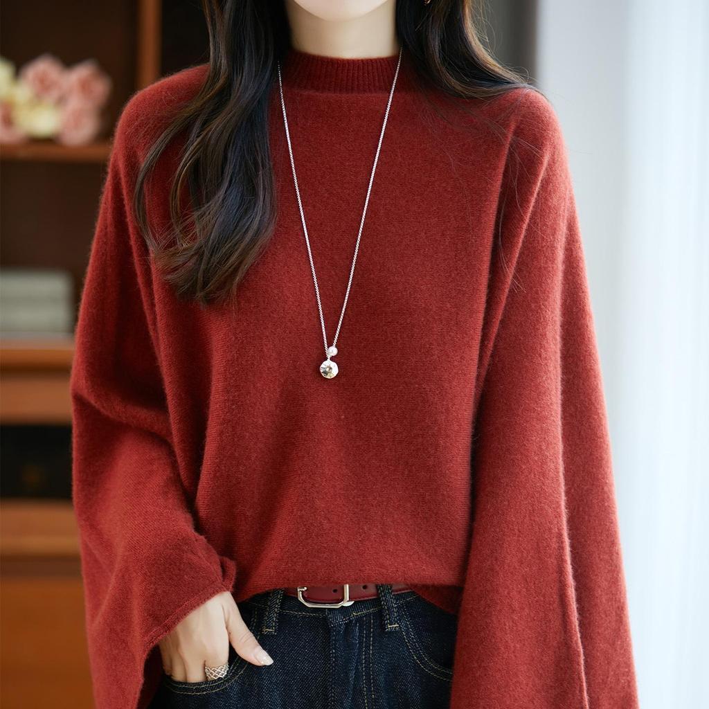 Women's Pure Wool Sweater - Bell Sleeves, Loose Fit, Half-High Neck, Trendy Autumn/Winter Knitwear