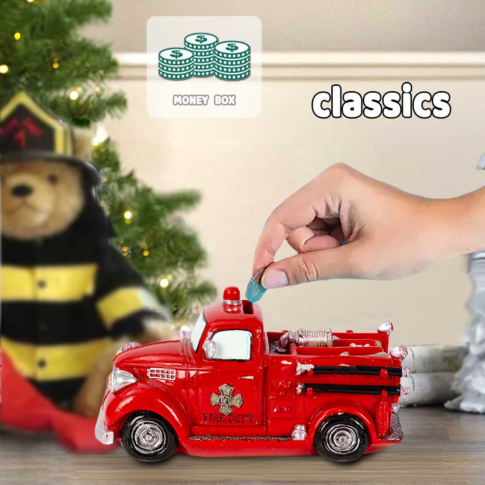 Vintage Fire Truck Piggy Bank Collective Decoration Miniature Vehicle Desktop Decor Firefighting Heroes Handcraft Firemen Gifts