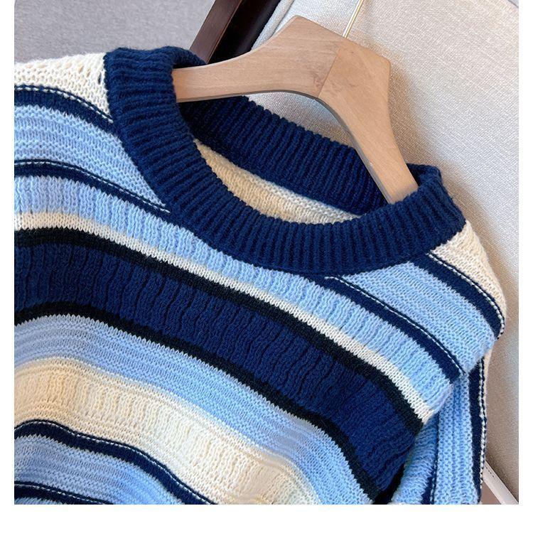 Pullover Sweater Women 2023 Autumn Loose Round Neck Design Sense Stripe Flesh Covering Knitted Sweater Pullover Female Tops
