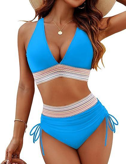 Women High Waisted V Neck Tie Side Push Up Bikini Set