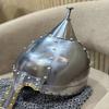Handmade 16 Gauge Steel Medieval Helmet with Riveted Chainmail – Silver Polish & Decorative Golden, LARP Cosplay Gift