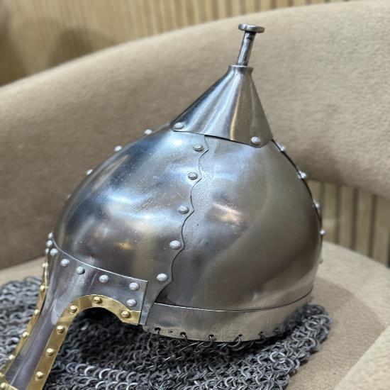 Handmade 16 Gauge Steel Medieval Helmet with Riveted Chainmail – Silver Polish & Decorative Golden, LARP Cosplay Gift