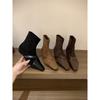 Korean Version of Splicing Square Head Lame Heel Thin Boots Autumn Suede Fashionable Medium Heel Short Boots