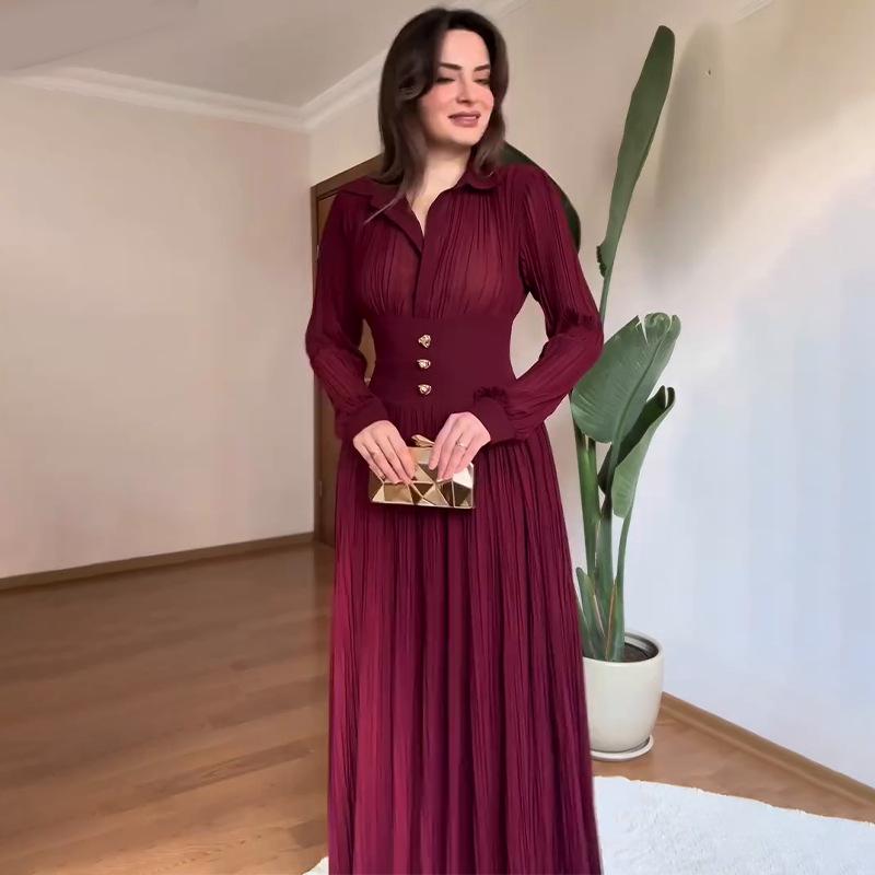 European Elegant Long-Sleeve Polo Collar Pleated Dress - Solid Color, New Style Fashion