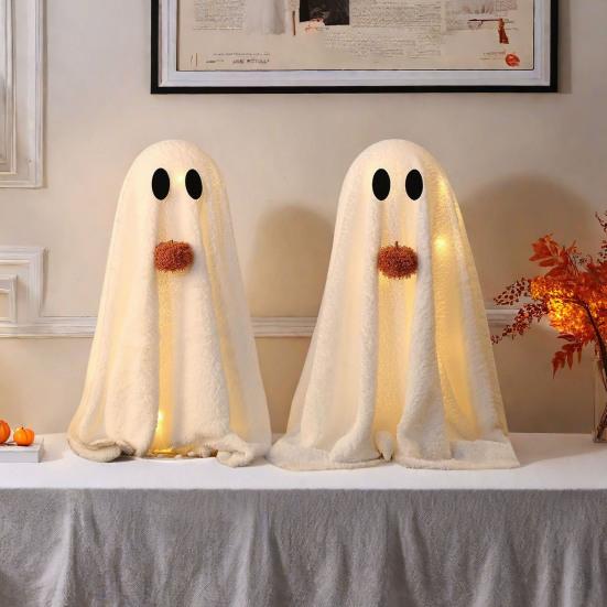 Light-Up Sherpa Ghosts with Pumpkin Cute Ghost Tabletop Decoration for Halloween Indoor Home Kitchen Fireplace Decor