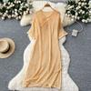 Hollowed-out Grid Knitted Dress Summer Lace-up Short-sleeved Slit Loose Dress