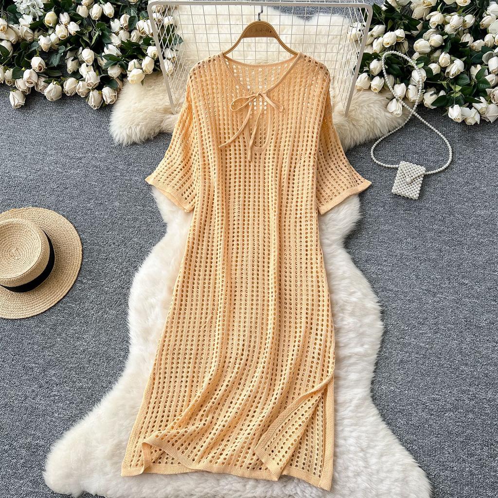 Hollowed-out Grid Knitted Dress Summer Lace-up Short-sleeved Slit Loose Dress