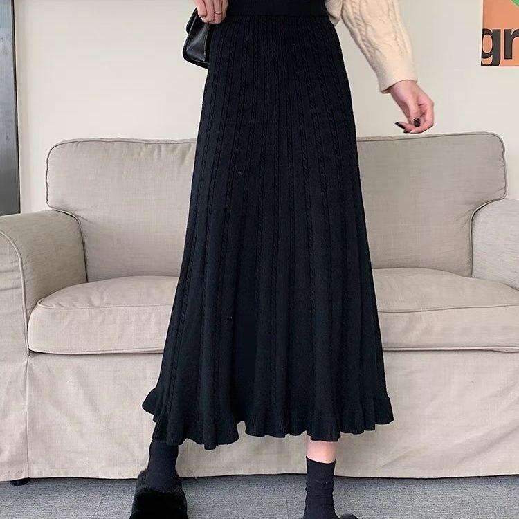 

Autumn Winter Women s High Waist Knitted Wool A-Line Slim-Fitting Long Skirt For Qipao Underskirt Flared Ruffled Design 2XL