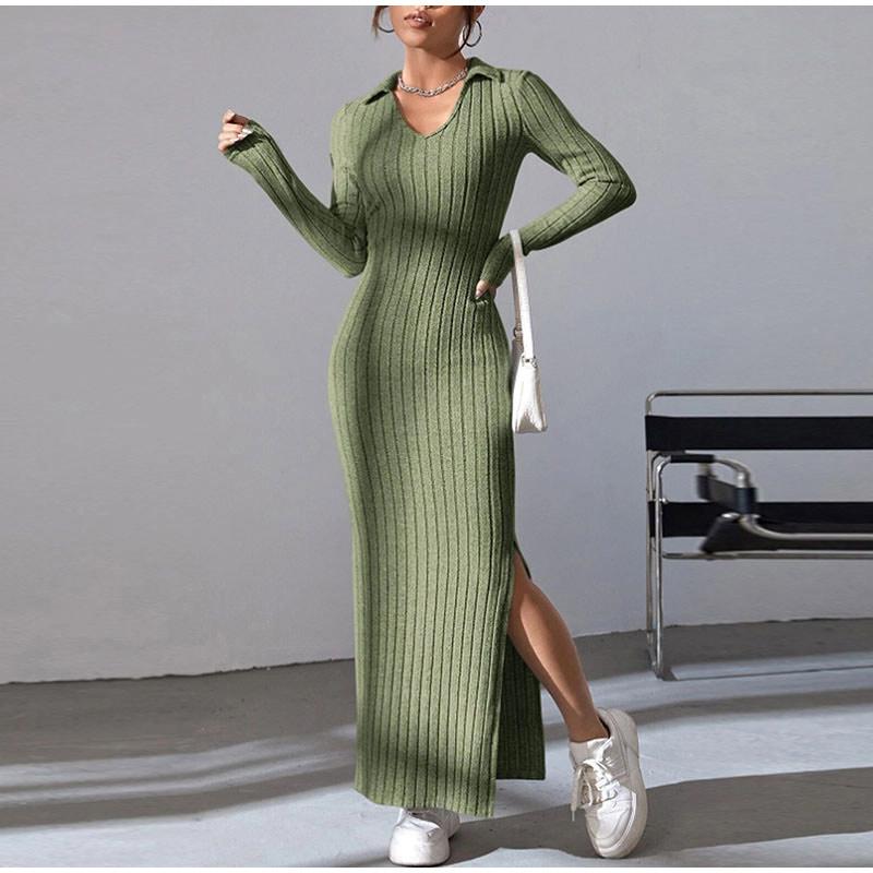 Women's Knit Dress Fall Casual Long Sleeve Lapel Collar Solid Color Bodycon Long Dresses Maxi for Female Going Out Streetwear