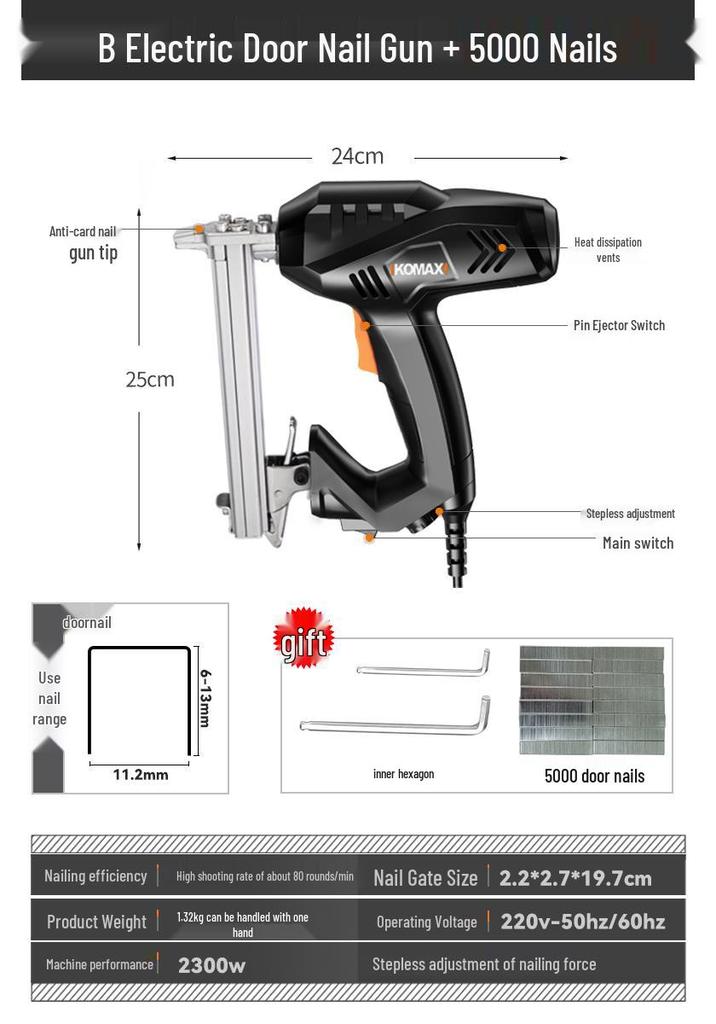 Comax Pneumatic 2-in-1 Electric Nail Gun - Straight & Brad Nailer for Woodworking and Steel Nails.