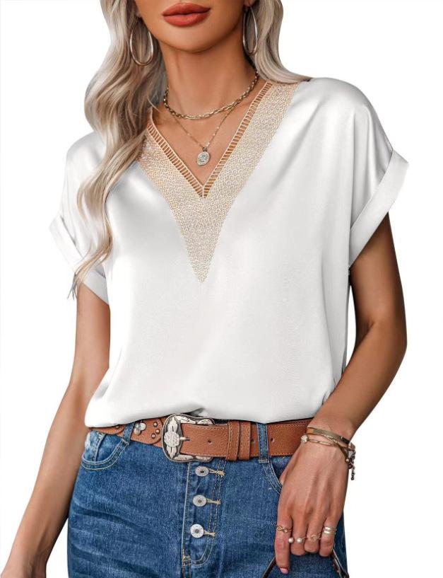2026 Elegant Lace V-neck Solid Color Short Sleeve Women's T-shirt