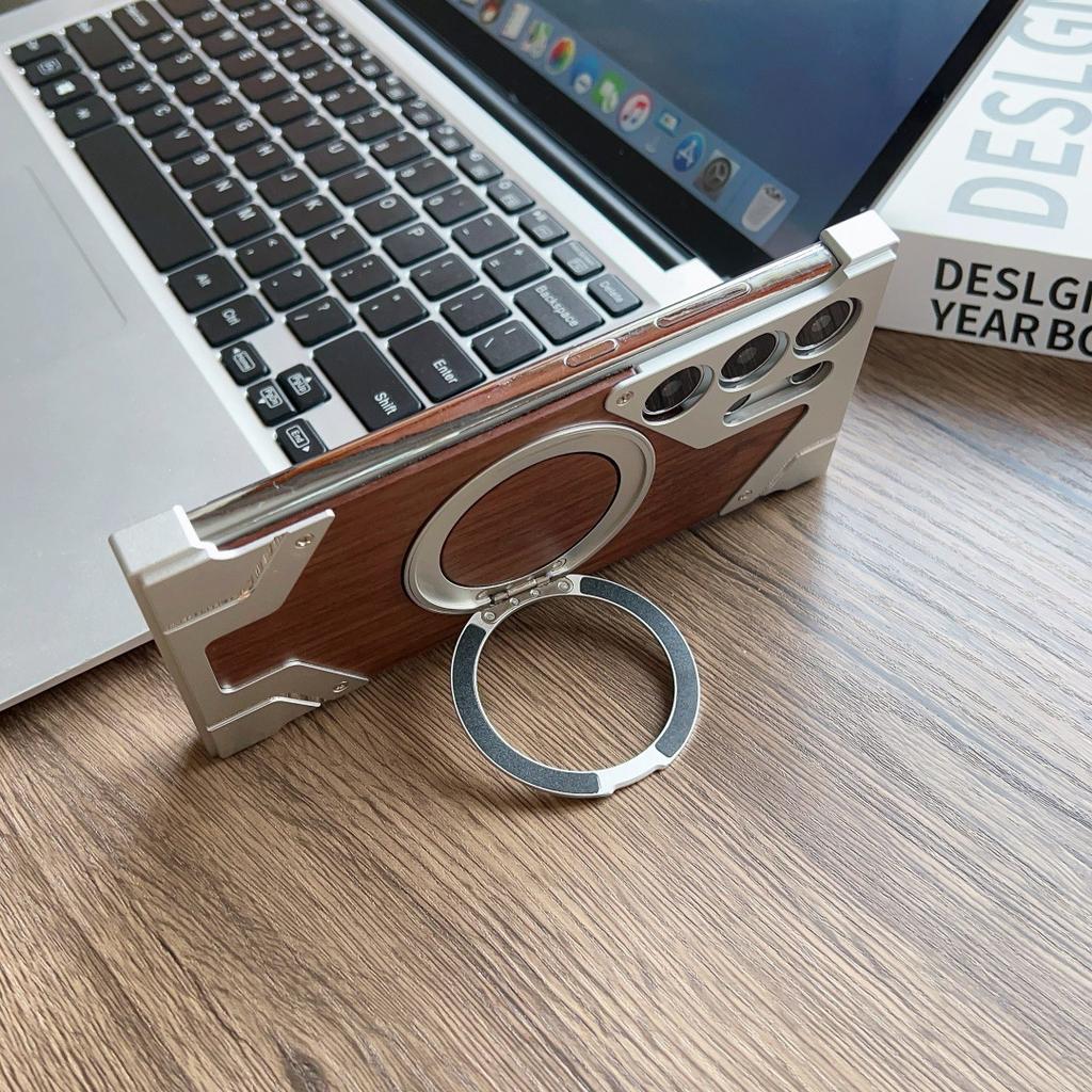 Suitable for Samsung S25ULTRA Mobile Phone Case Mahogany Grain Boundless Armor 16promax Magnetic Suction Bracket To Prevent Falling