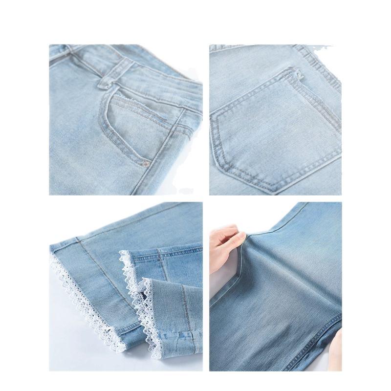 Women's Light Narrow-Wide Leg Jeans with Lace Trim - Autumn 2025 Petite Splicing Design