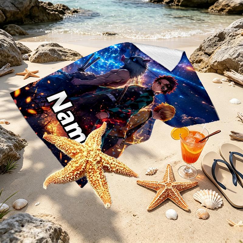 Custom Name Personalized Demon Slayer Print Beach Towel, for Trip Camping Beach Party Home Decor, Birthday Gift for Family & Friends