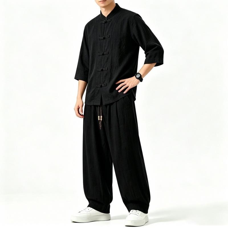 Men Chinese Style Retro Stand Collar Shirt And Pants Casual Two Piece Set