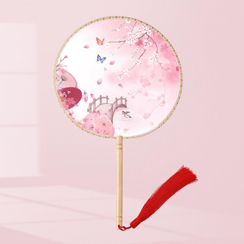 Girls' Summer Hanfu Dance Fan: Long Handle, Double-Sided Embroidered Round Fan for Traditional Costume