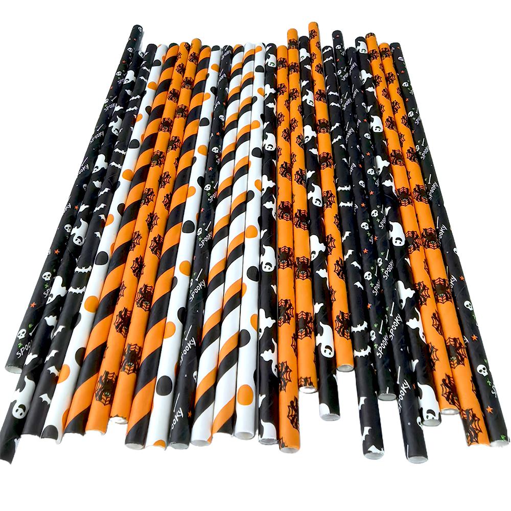 500pcs Halloween Party Favors Paper Straws Black and Orange Party Biodegradable Drinking Stripe Straws for Halloween