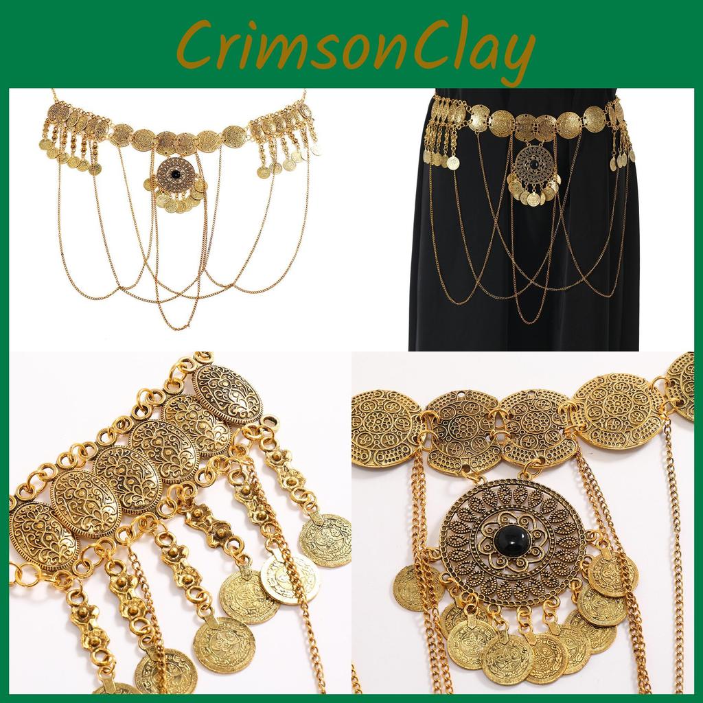 Gold Tone Metal Waist Chain For Women With Tassel And Engraved Circular Design For Summer Formal Wear