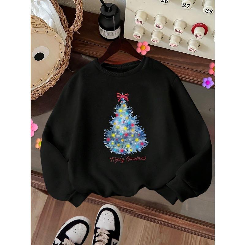 Kids Crewneck Sweatshirt, Blue Christmas Tree Print, Casual Tops for Fall & Winter 110