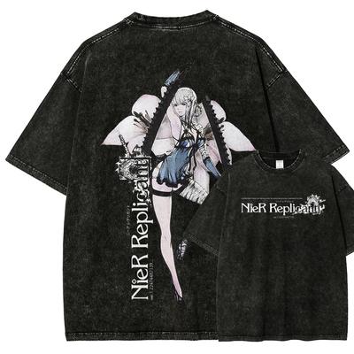 Camiseta Vintage Anime Kaine de NieR Replicant, Camiseta Unisex Streetwear de Personaje de Videojuego, Top Casual de Algodón Lavado de Manga Corta