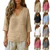 Women's Fashionable Loose-Fit Cotton-Linen V-Neck Casual Pullover With 3/4 Sleeves
