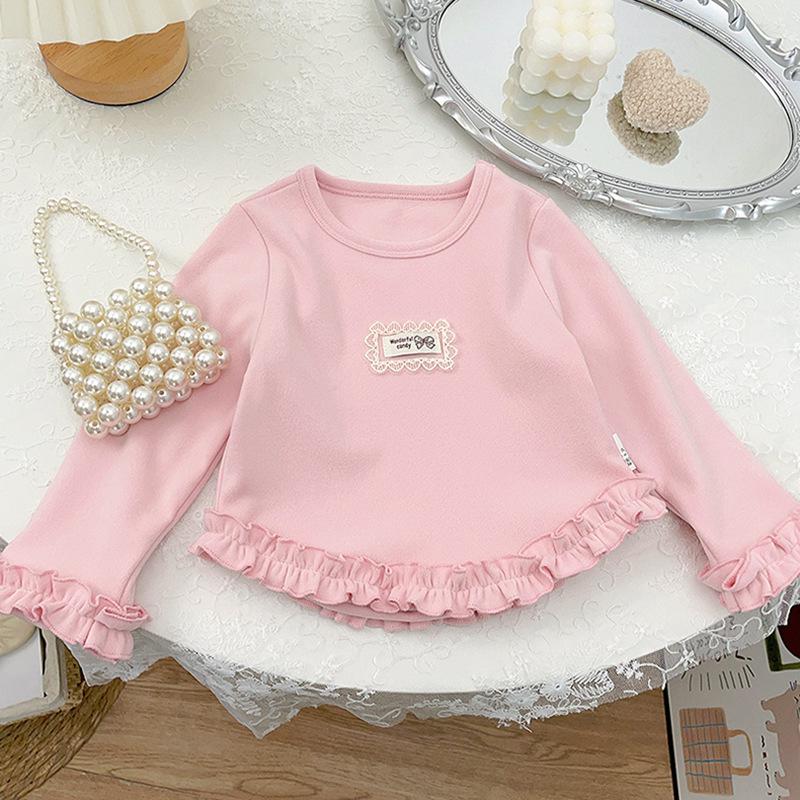 Blusa de Renda Estilo Princesa para Menina Manga Longa Pulôver Gola Redonda Roupa Básica Cor Sólida para Meninas Moda Primavera Outono Tops Macios