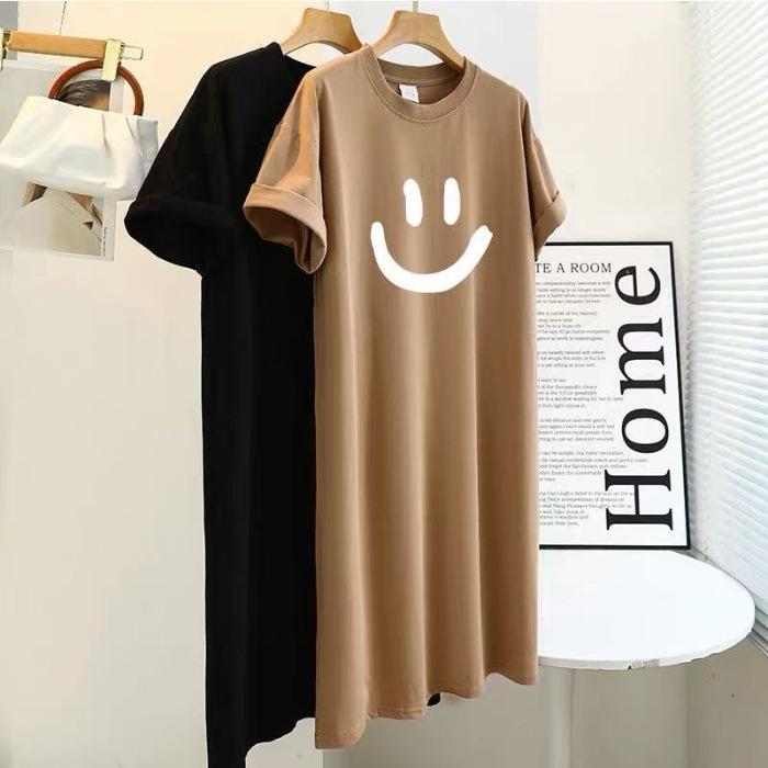 Plus-size Women's Smiling Short-sleeved Dress, Summer Korean Style Loose and Laid-back T-shirt Dress, Nightgown