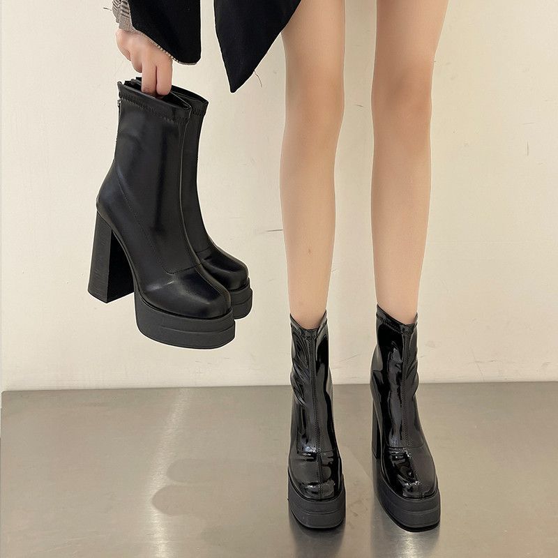 2025 Autumn and Winter New British Style Super High Heel Thin Boots Korean Version Fashion Thick Heel Non-slip Rear Zipper Short Boots