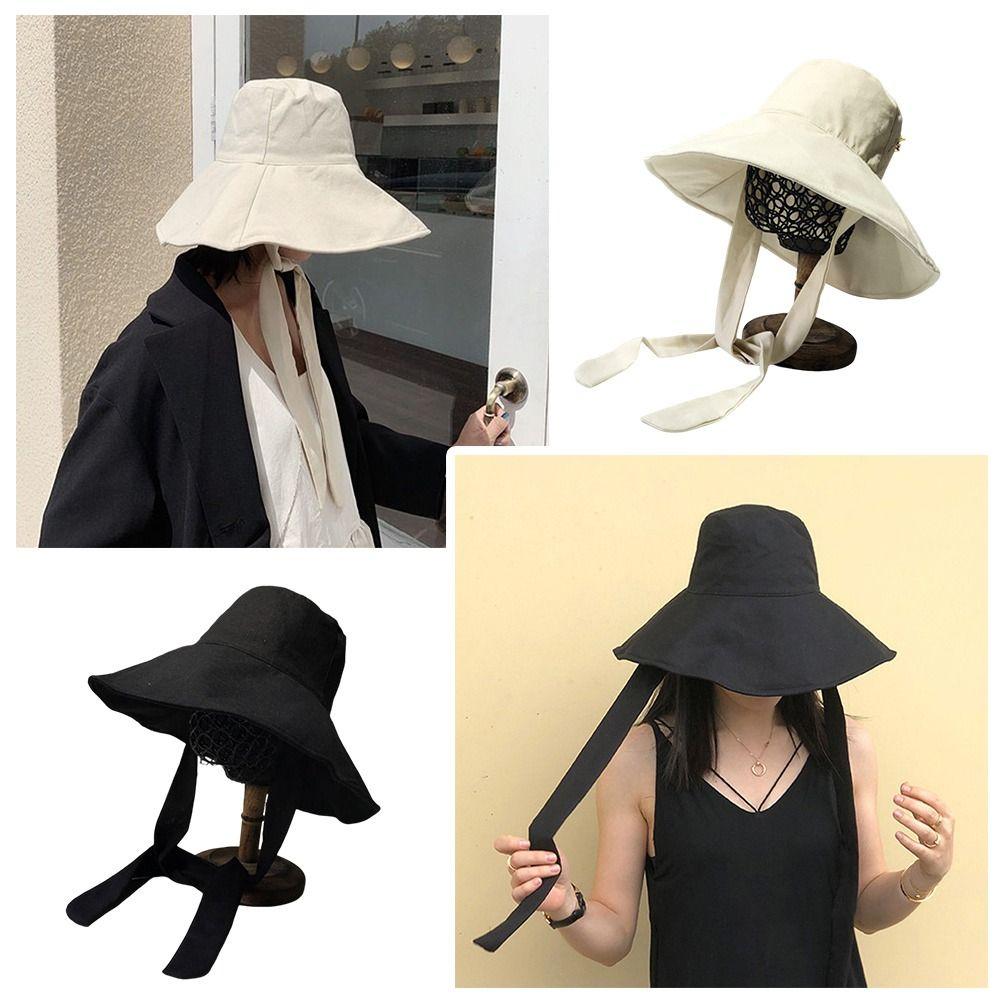 My Extreme Outdoor Activities Women's Black Fashion Tie Design Fisherman Hat Big Brim Foldable Bucket Hat Cotton Linen Visor Cap