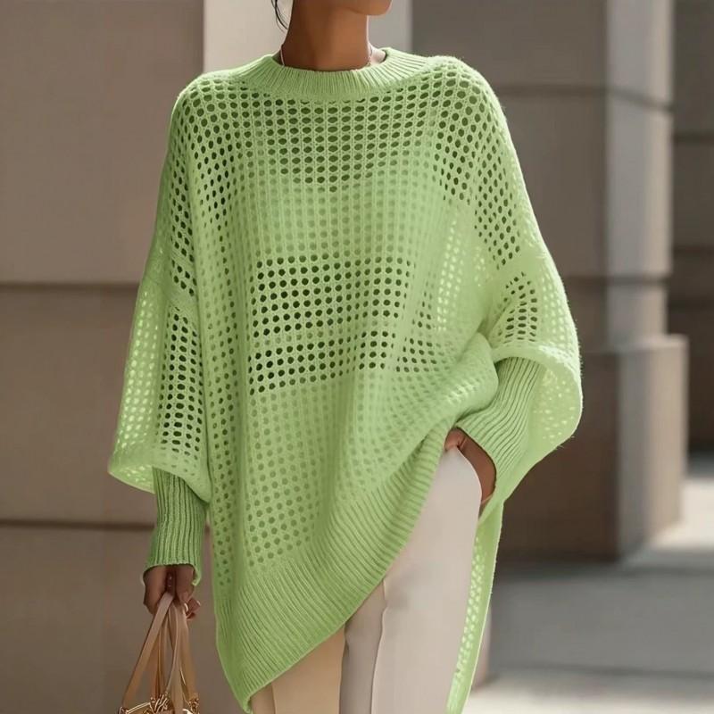 Oversized 2026 Knit Sweater Women Loose Fit Crochet Cutout Top Long Sleeve Round Neck Casual Pullover