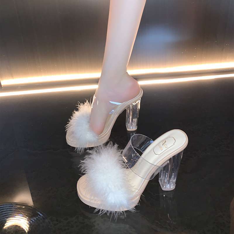 Transparent High Heels Women's Summer New Waterproof Table with Super High Heel Fluffy Slippers Crystal Heel Thick Heel Sandals